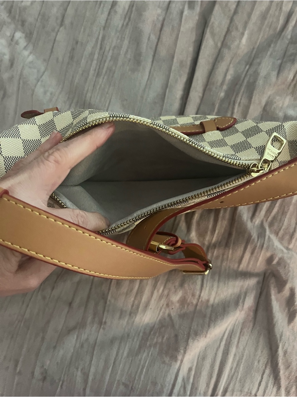 Checked Canvas Crossbody Bag in Cream and Brown - Picture 3 of 4